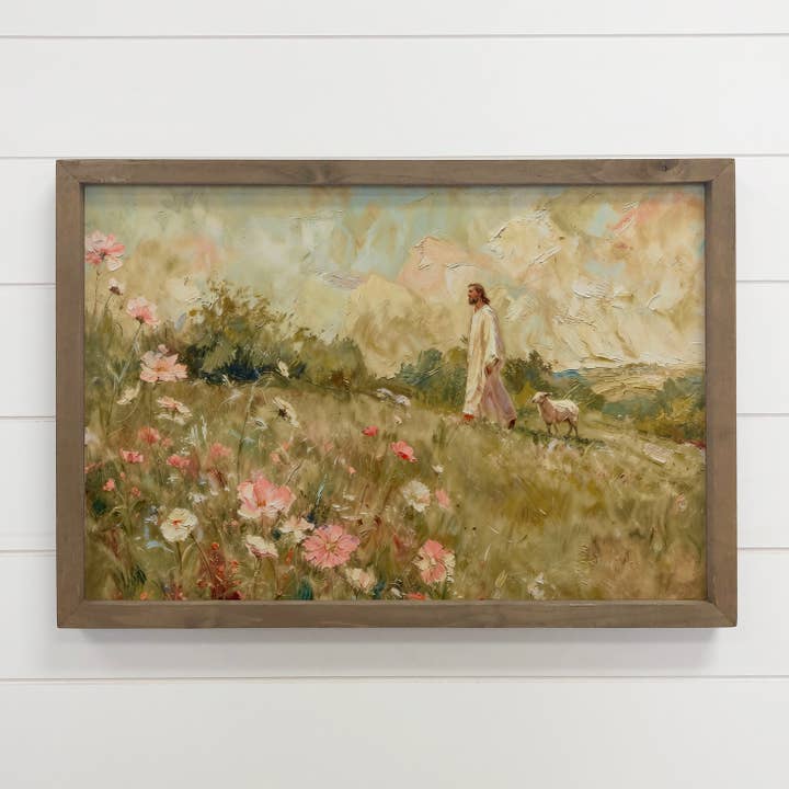 Lamb Following Jesus Wildflowers - Cottage Living Room Art for wholesale by Hangout Home