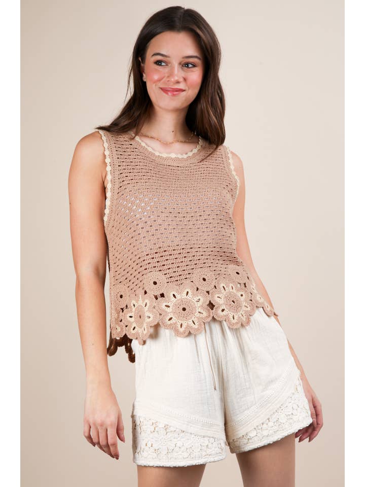 NATURAL NT12140-Floral Trim Detail Crochet Top for wholesale on Faire