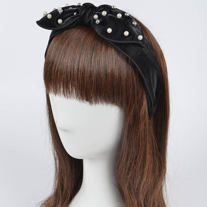 Micro Suede Ribbon Knotted Headband W/Faux Pearl and Metal for wholesale by 3AM BY H&D ACCESSORIES