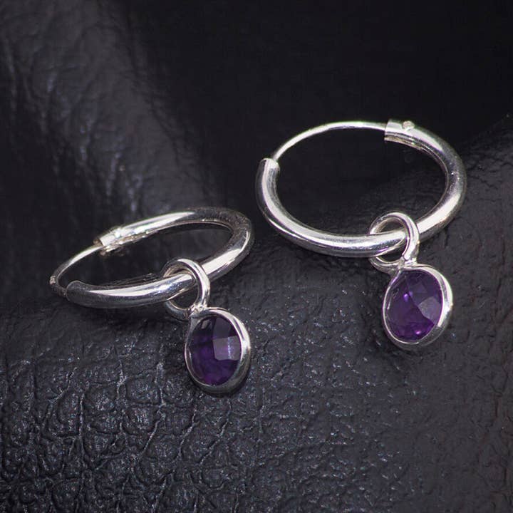 Birthstone Hoop Earrings with Amethyst Charm in Silver for wholesale by The Jewellery Store London