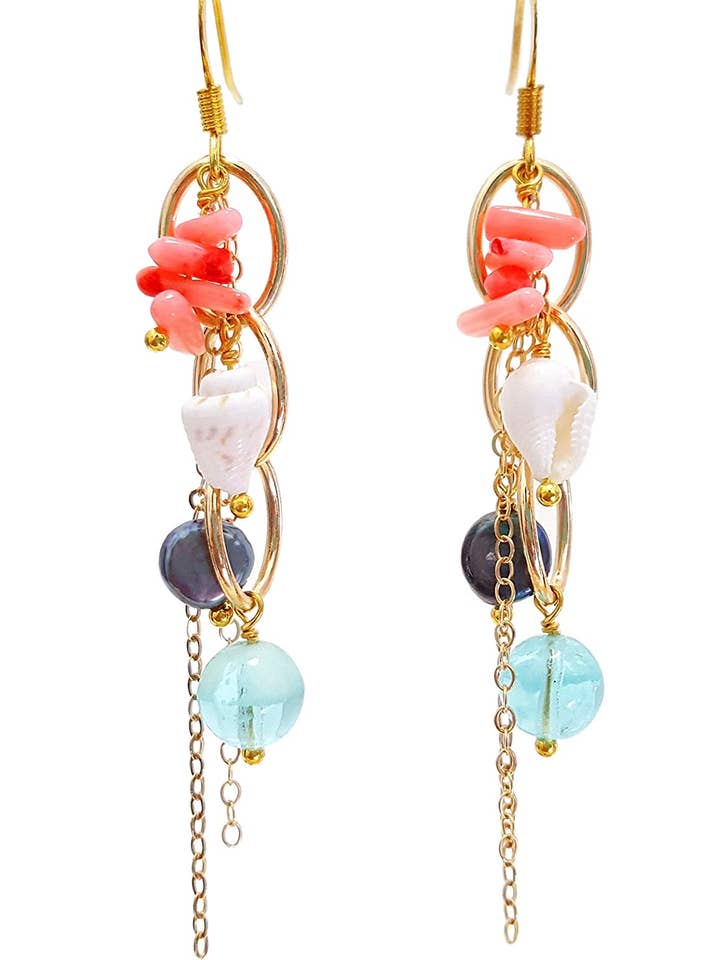Coral, shell, pearl, glass, oval chain earrings in gold for wholesale by Skinny Pig Designs