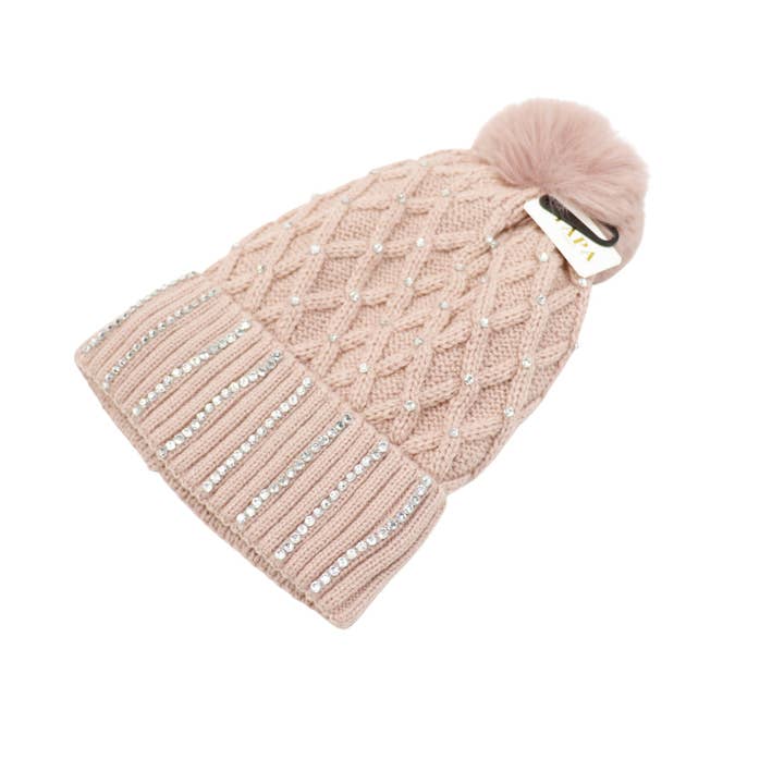 ASSORTED Pom Pom Knitted Beanie With Rhinestone HA4727-8 (12PC) for wholesale on Faire22