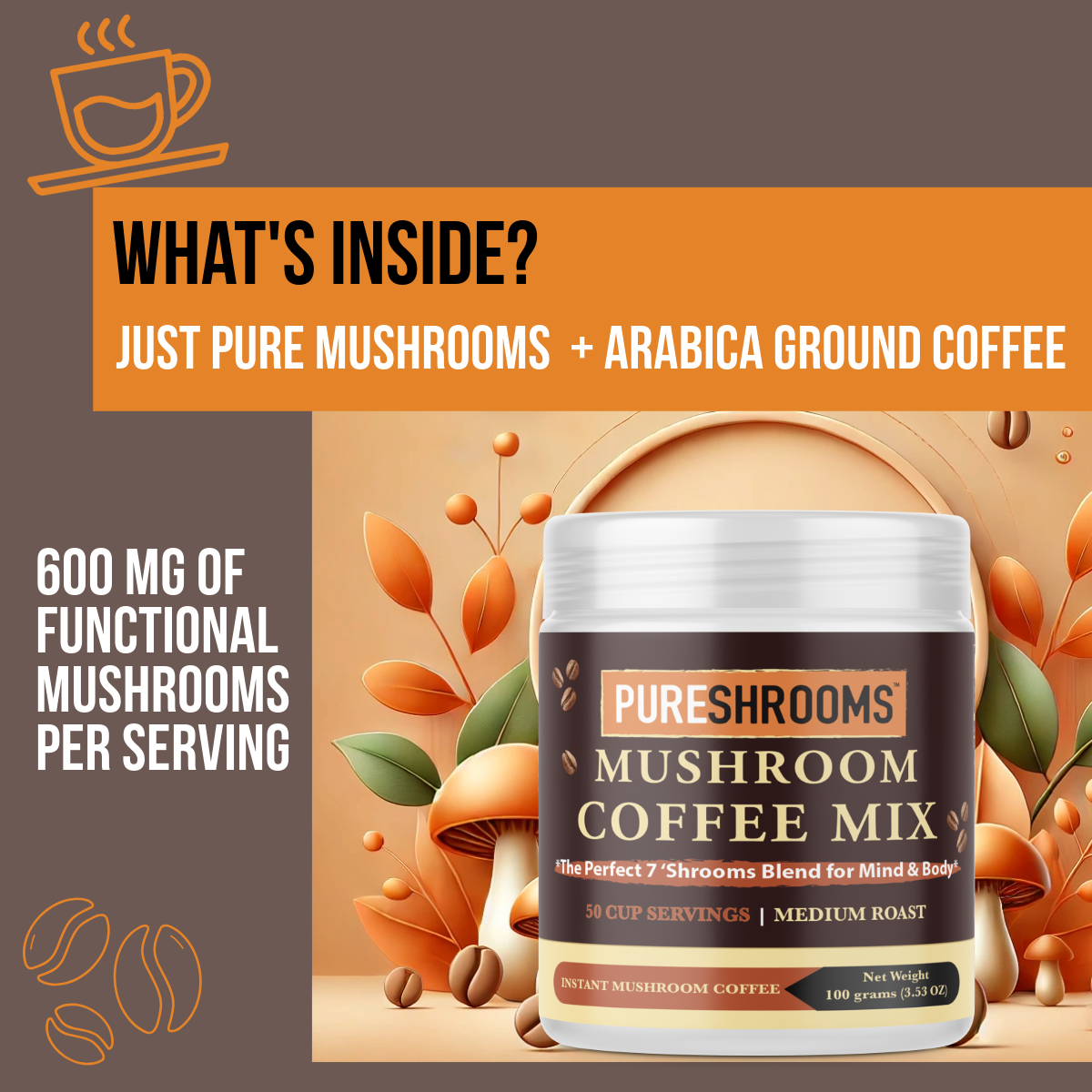 PureShrooms Inc. – Café/expresso instantâneo por atacado – Perfect 7 Mushroom Coffee 100 g | 50 porções6
