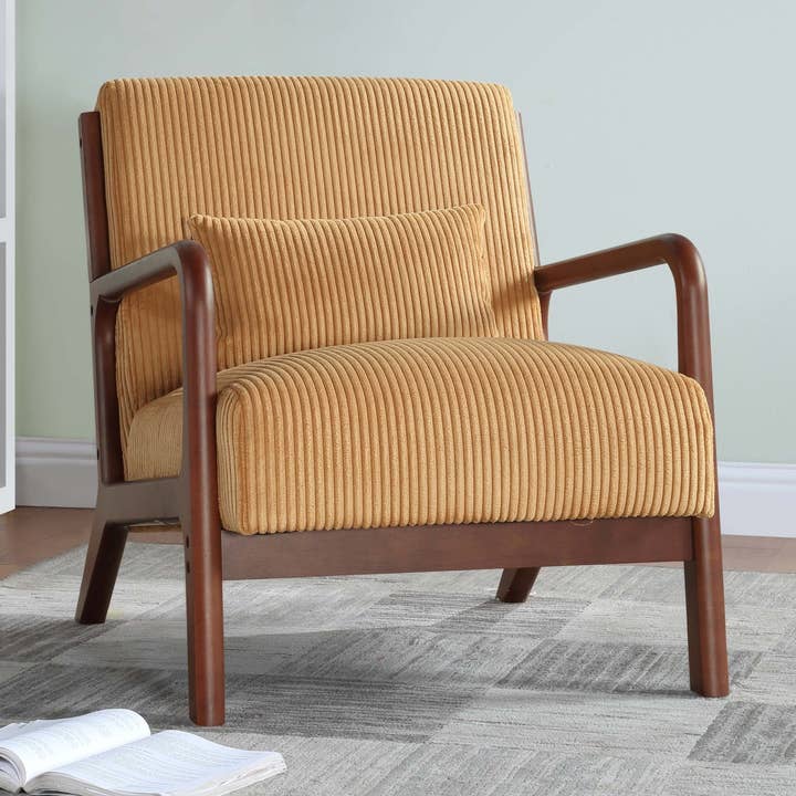 39F Inc. - Vente Chaises - Chaise longue en bois avec revêtement en velours côtelé, jaune0