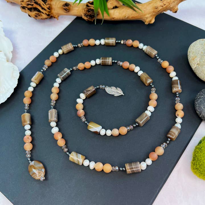 Beaded Multi Gem Stone Cultured Pearl Lariat Y Necklace for wholesale by IST Jewelry