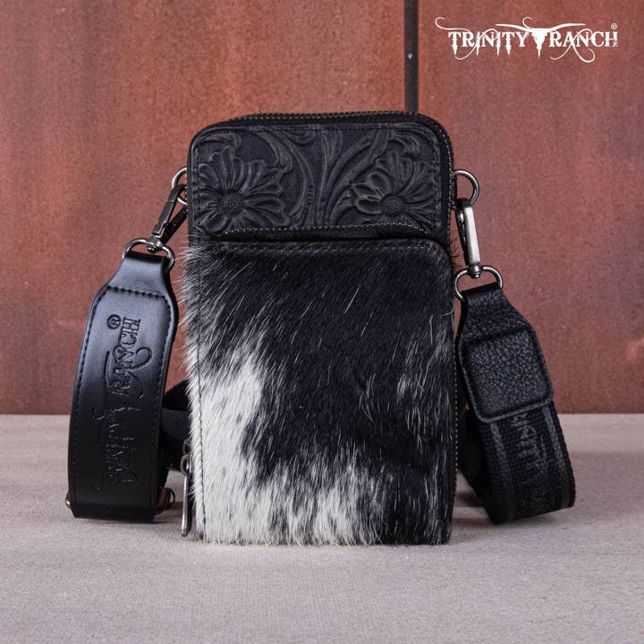Montana West - Wholesale Crossbody Bag - Women's - TR159 -183 Trinity Ranch Genuine Hair-On Cowhide /Tooled Collection Phone Purse with Coin Pouch