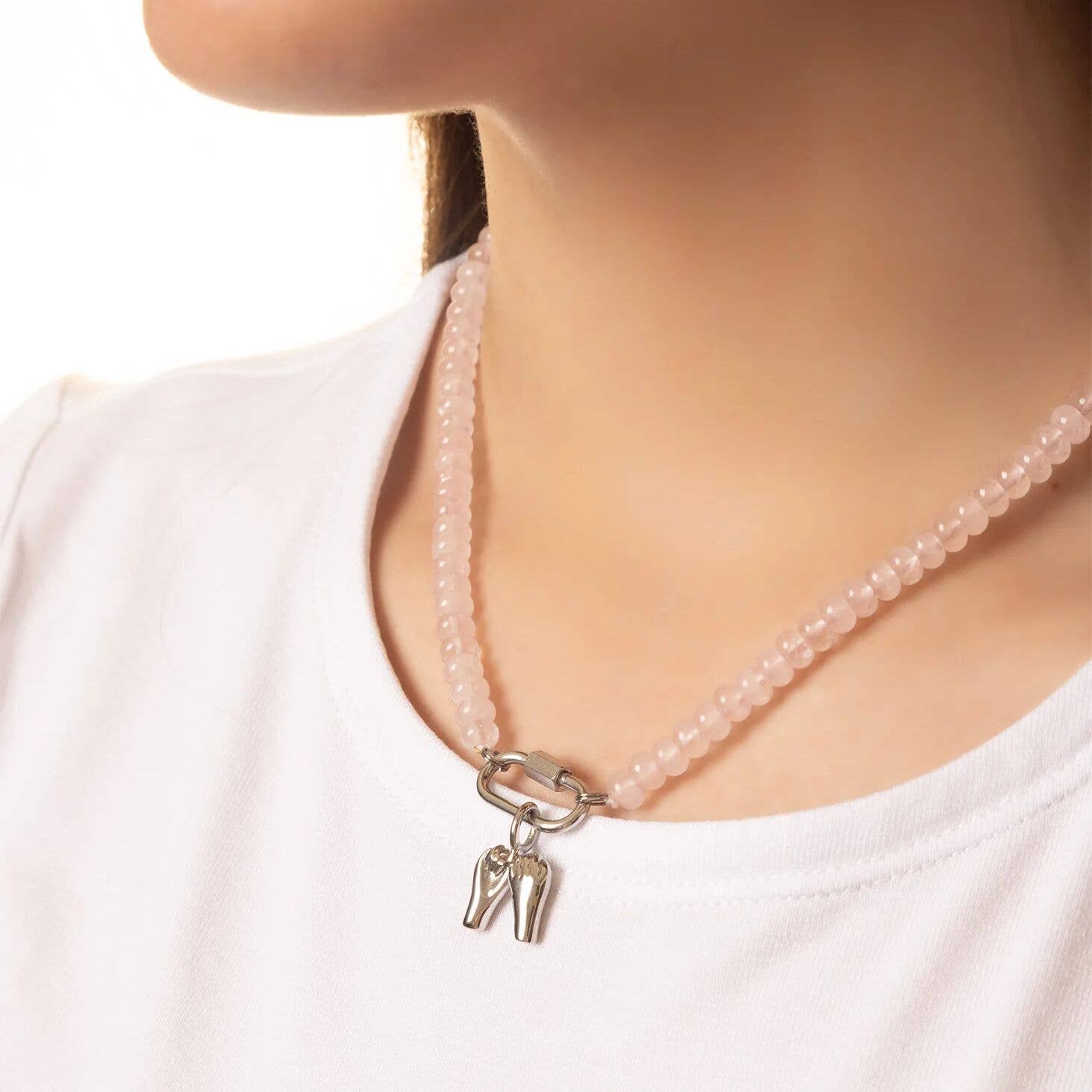 WJW - Wholesale Beaded/Pearl Necklace - Stainless Steel Pink Chunky Glass Bead Carabiner Necklace1