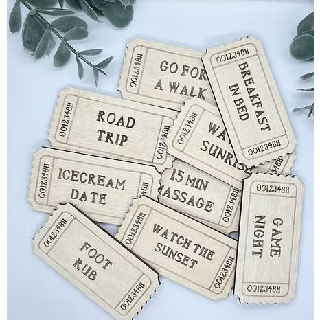 Valentine Love Tickets – Wooden Coupon Set for couples for wholesale by The Lantern Boutique