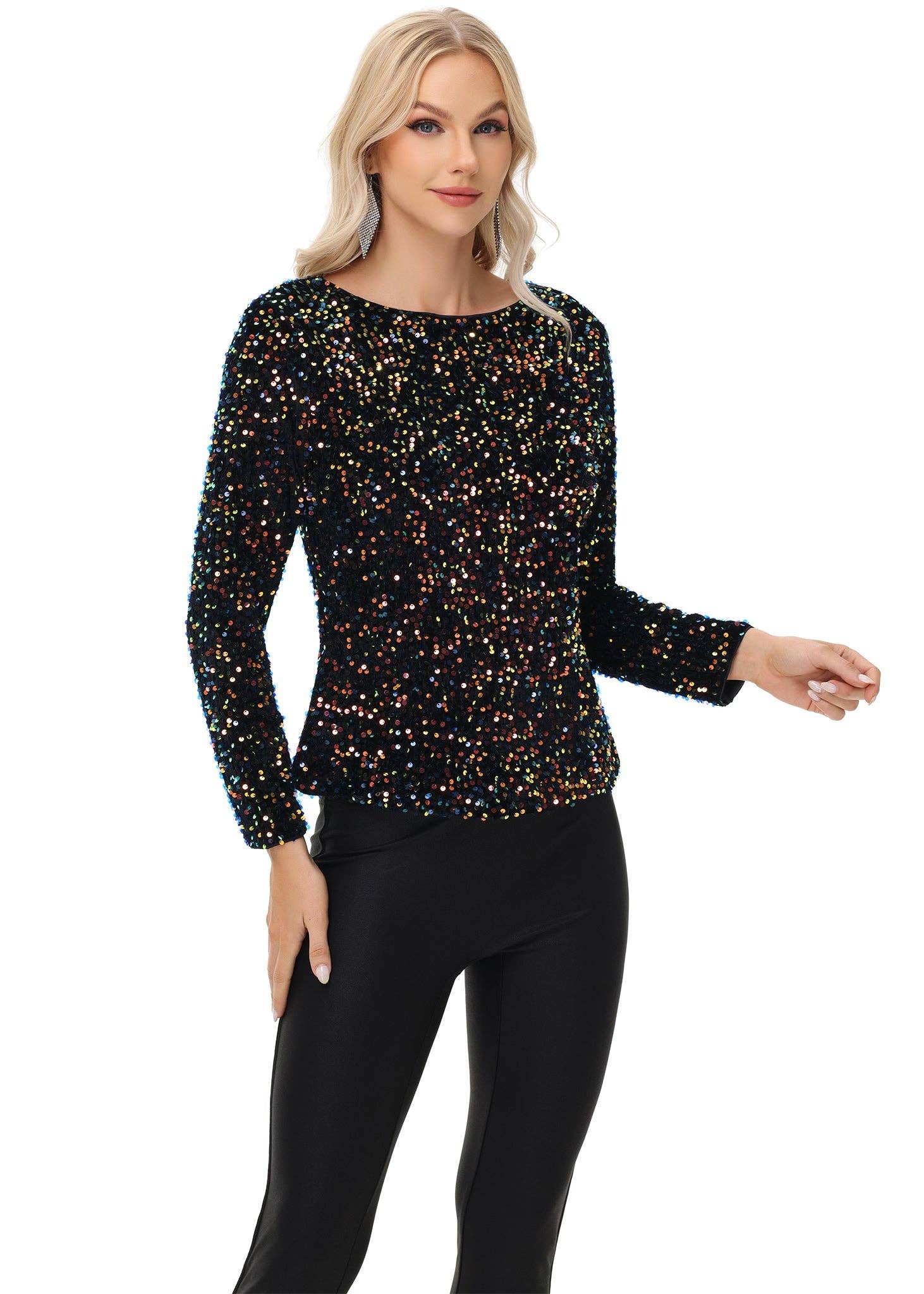 Anna Kaci Wholesale - Wholesale Blouse - Women's - Long Sleeve Sequin Tops Sparkly Glitter Evening Party32