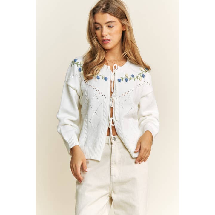 Off White CUTE 3D FLORAL EMBROIDERY ACCENT ON SHOULDER CARDIGAN WITH B for wholesale on Faire