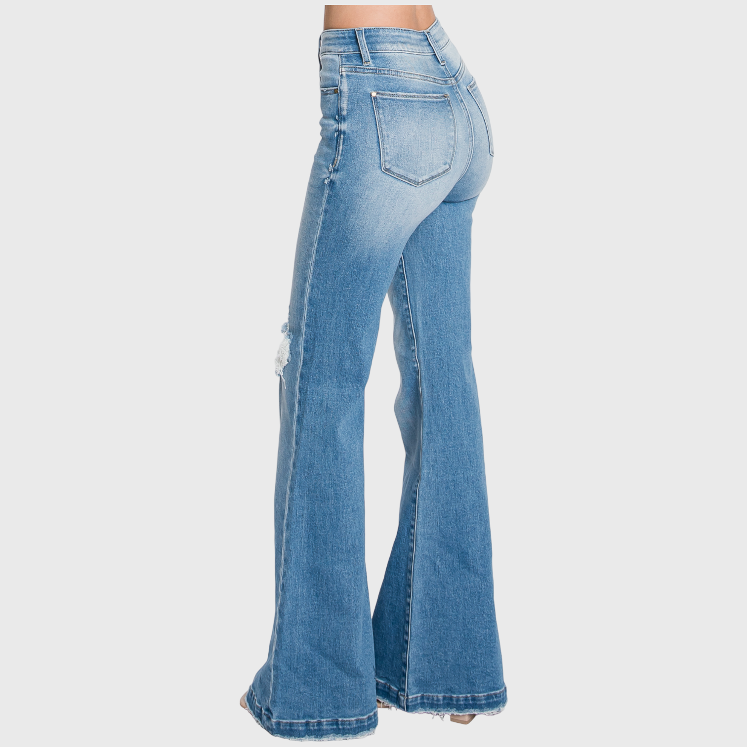 Petra153 - Vendita all'ingrosso Jeans - Donna - Jeans a zampa super vita alta con dettagli consumati ispirati agli anni '708