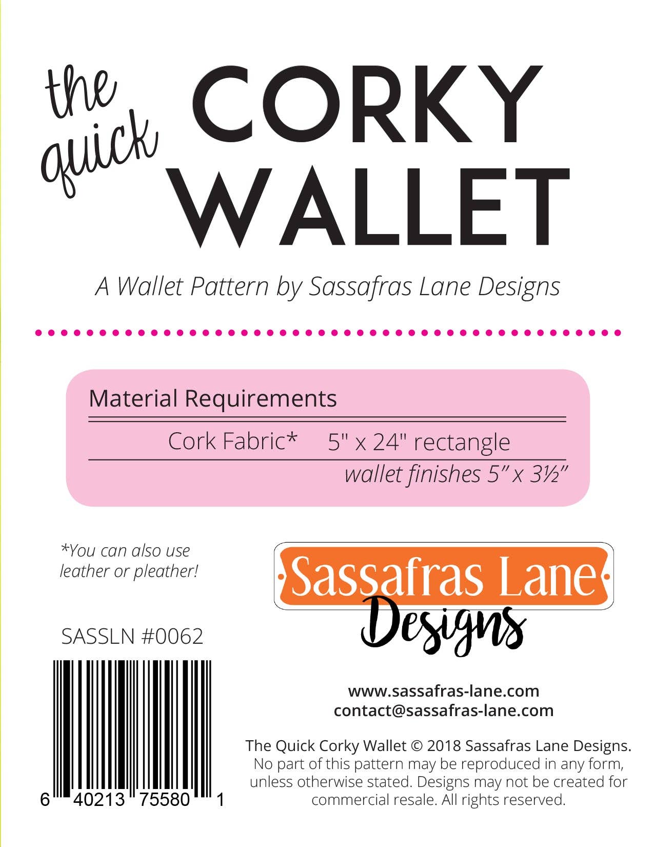 Sassafras Lane Designs - Wholesale Wallet - Women's - The Quick Corky Wallet Pattern1