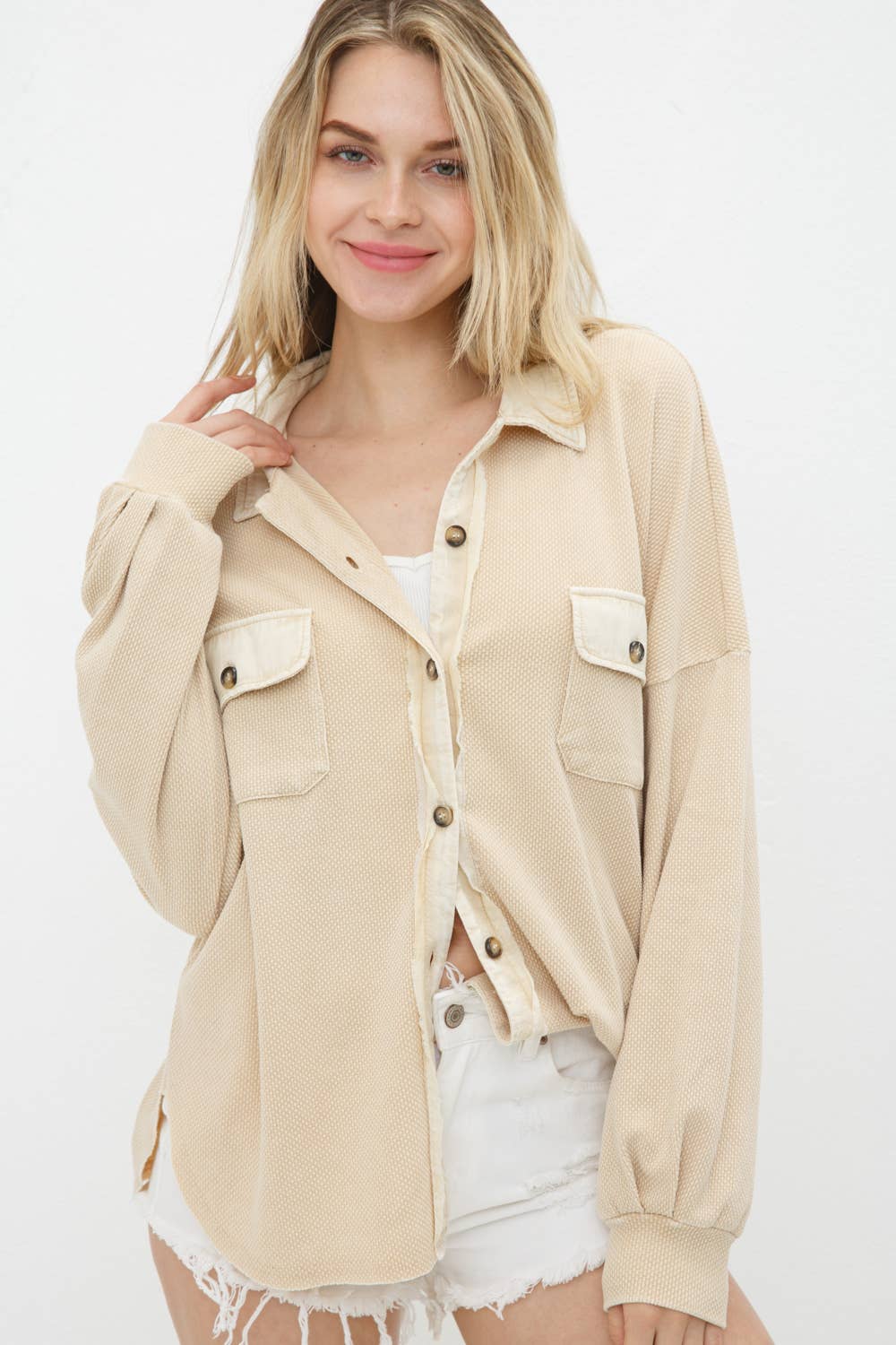 Blue B - Wholesale Shirt Jacket/Shacket - Women's - 31626J - Textured Knit Contrast Washed Frayed Button Jacket12