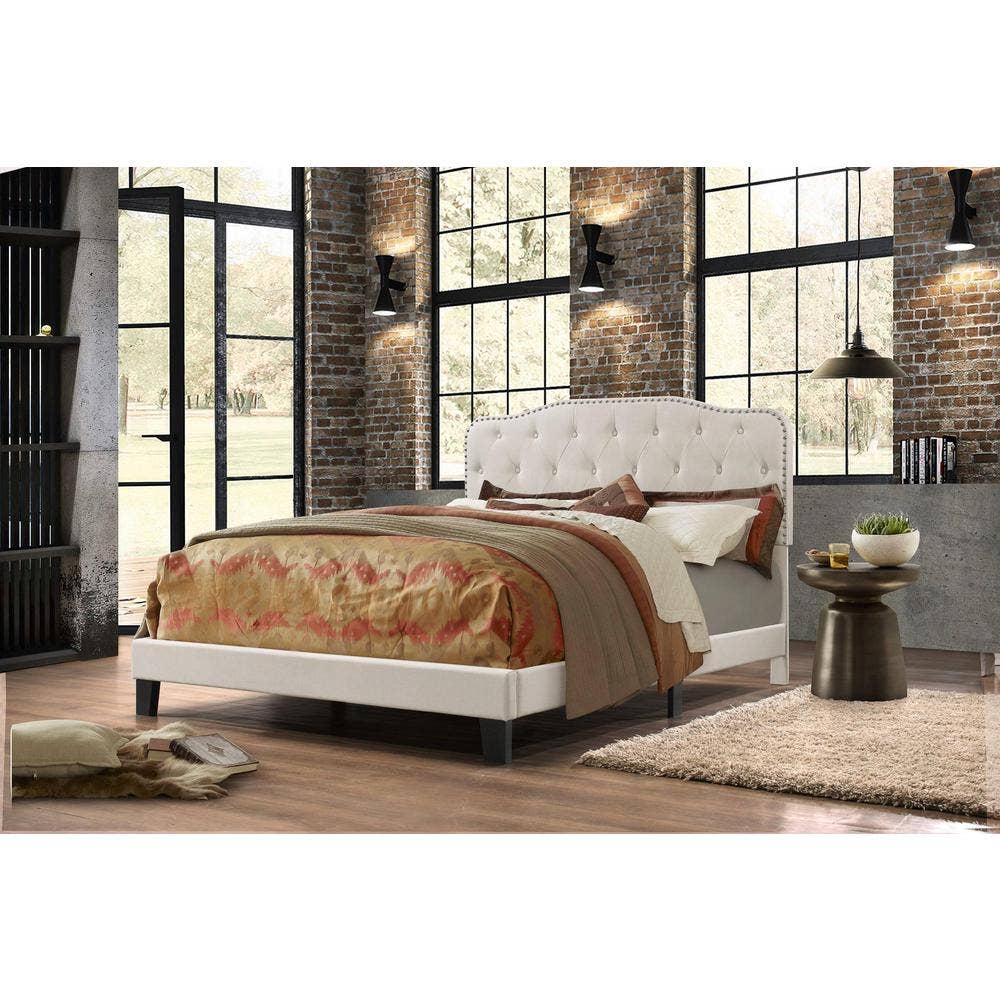 Greenwestons - Wholesale Bed - Beige Linen Uph. Panel Bed with Silver Nailhead- Queen