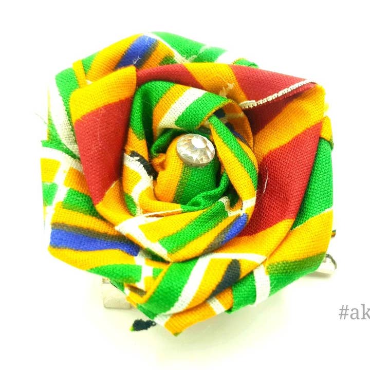 Fabric rose with gemstone in Kente print flower pin for wholesale by Akrasiboutique