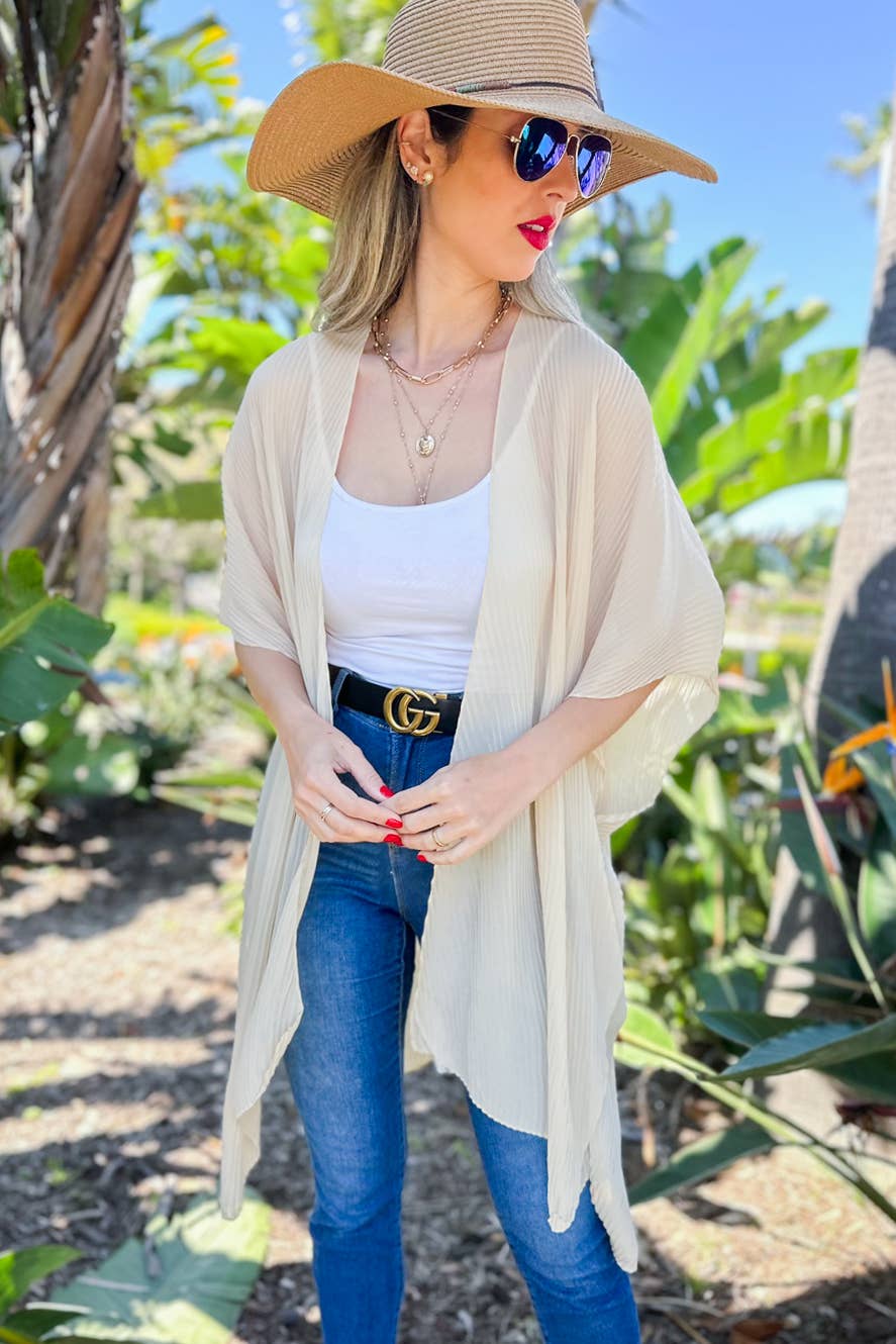 Beige Solid Pleated Chiffon Kimono Cover Up for wholesale on Faire3