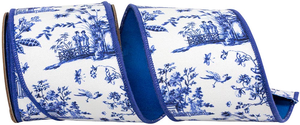 RELIANT RIBBON - Vente Ruban – emballage cadeau - Asian Vista Chinoiserie Deluxe Wired Edge, blanc/bleu, 4 pouces0