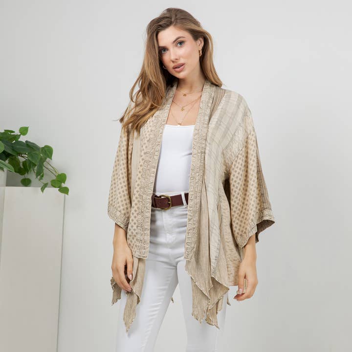 Boho Mixed Pattern Asymmetrical Kimono Top for wholesale by Young Threads