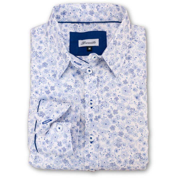 Grenouille Dam långärmad blåvit blommig skjorta för wholesale av Salamander Shirts Ltd