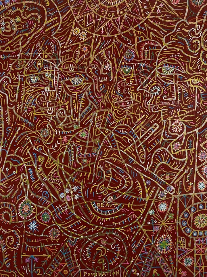 Des ailes inutiles. Marqueurs à l'acrylique et à l'huile sur bois. 24 « x 24". Oeuvre de John Kline. Peinture expressionniste abstraite moderne pour la vente par John Kline Artwork