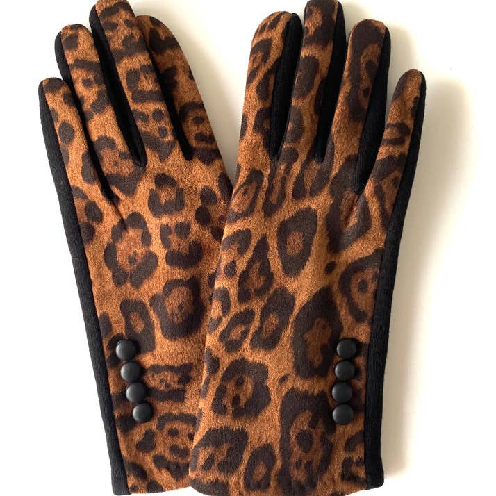 leopard print winter gloves with button detail for wholesale by LUV & Co.