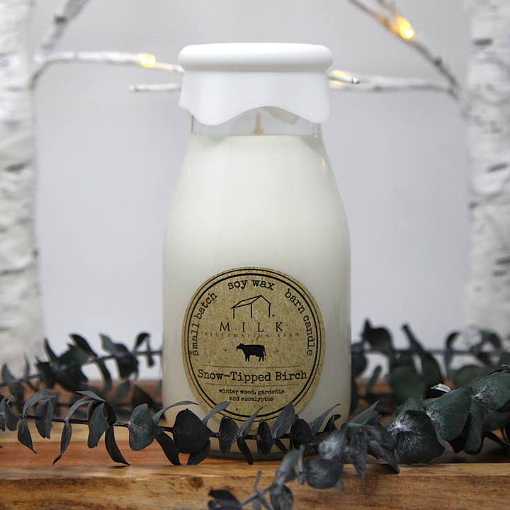 Milk Bottle Candle Snow-Tipped Birch for wholesale by Milk Reclamation Barn