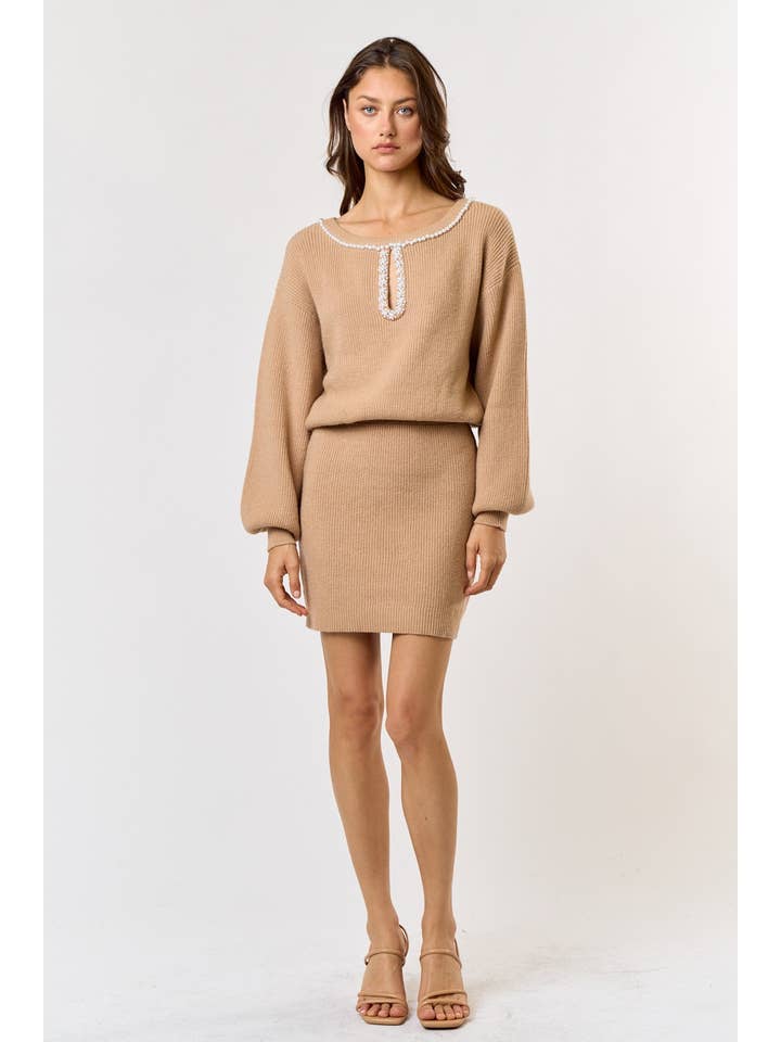 TAUPE ILD4191Â PEARL DETAIL BALLOON SLEEVE SWEATER MINI DRESS for wholesale on Faire
