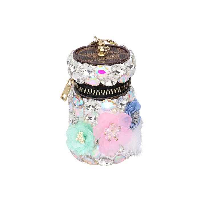 Sensibling Corp. - Wholesale Makeup/Cosmetic Bag - Flower Pom Pom Teardrop Glass Stone Embellished Case
