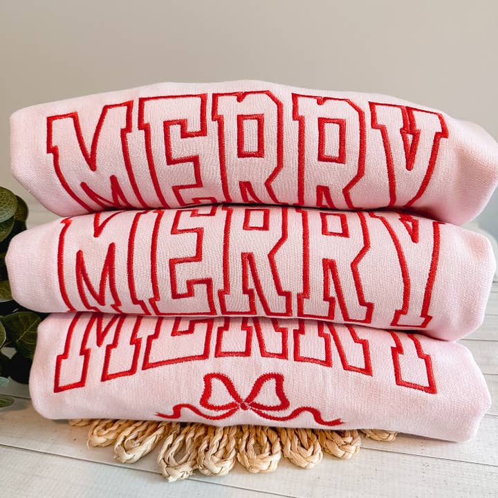 Stitching by Sally - Wholesale Sweatshirt - Women's - Merry Embroidered Varsity Crewneck Sweatshirt with Bow3