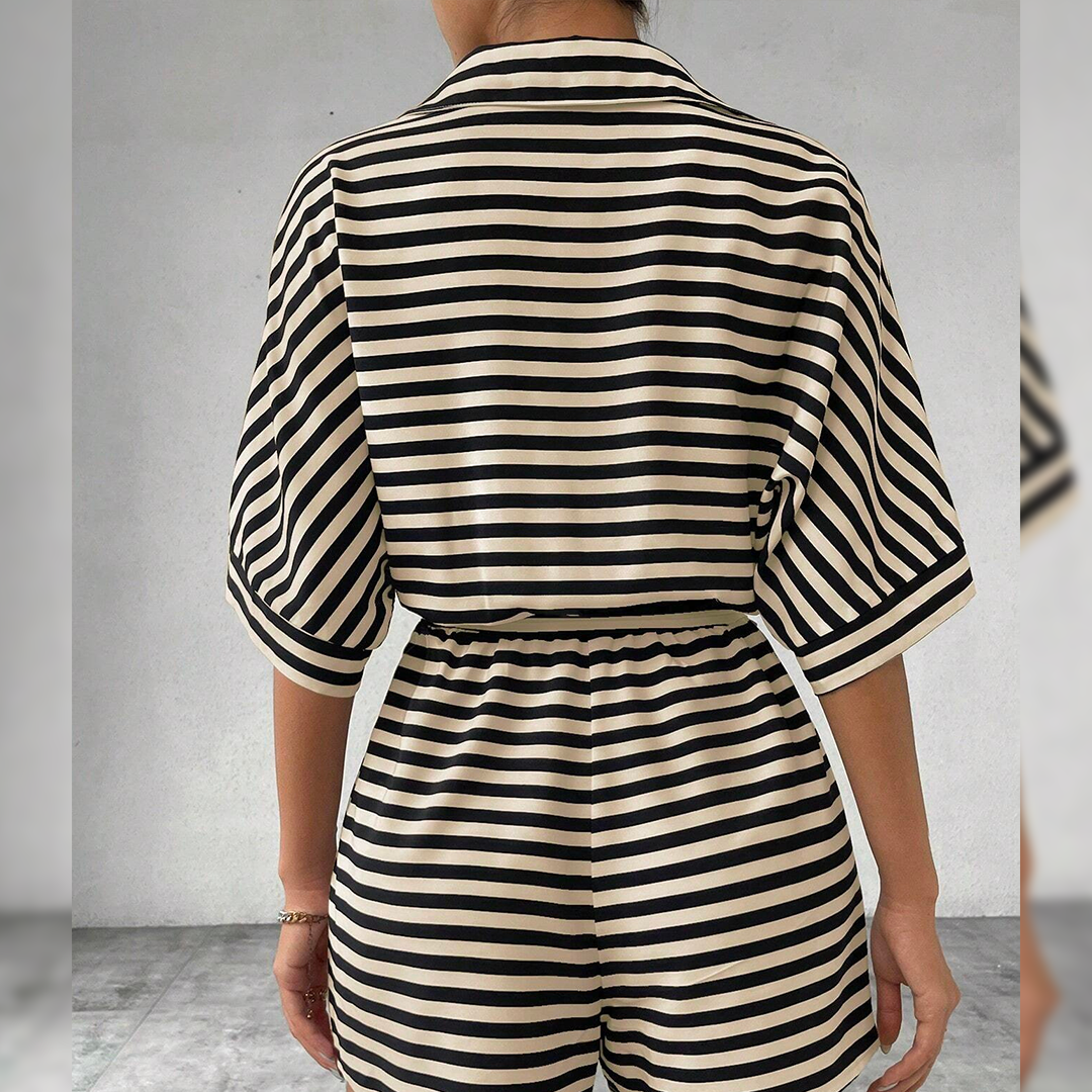 UNISHE - Wholesale Romper - Women's - Summer Striped Lapel Button-Up Belted Shorts Romper AXR1297