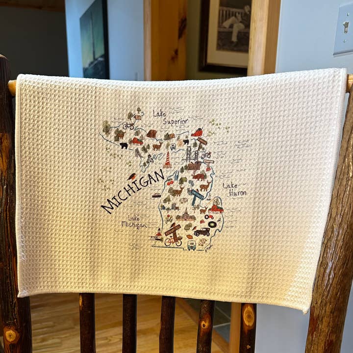 Red Cabin Studio - Wholesale Tea Towel - Michigan Icons Kitchen Waffle Towel1