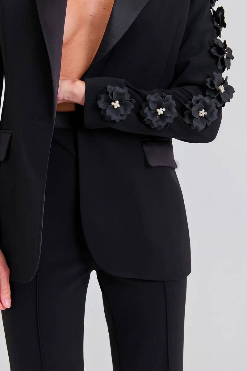 Black SET6-21 Elegant Floral Ruffle Blazer & Flare Pant Suit for wholesale on Faire8