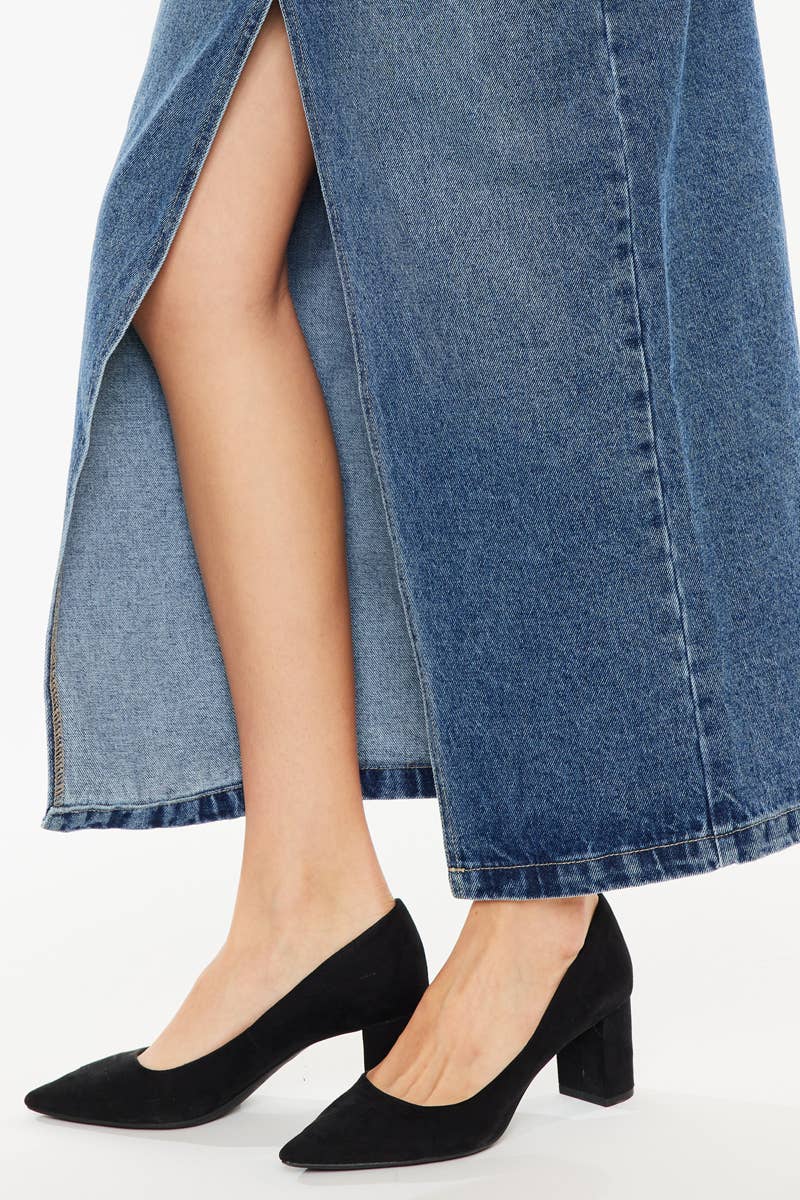 GEMIDDELDE 90's denim maxi-rok met middennaad en ritssluiting voor groothandel op Faire7