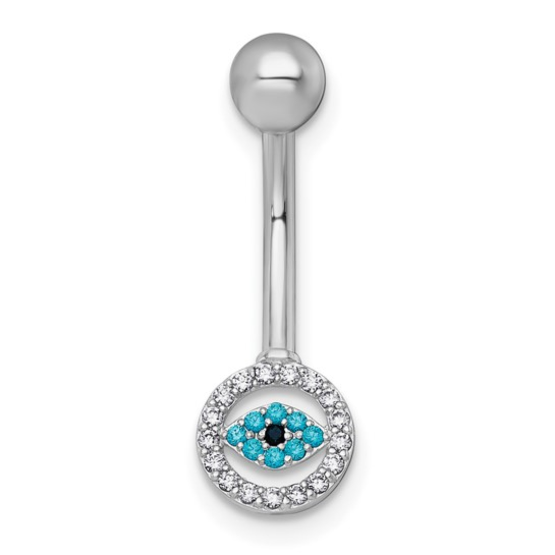 FCJ Jewelry LLC - Wholesale Belly Ring - White Gold White & Blue CZ Evil Eye Navel Ring- Belly Rings2
