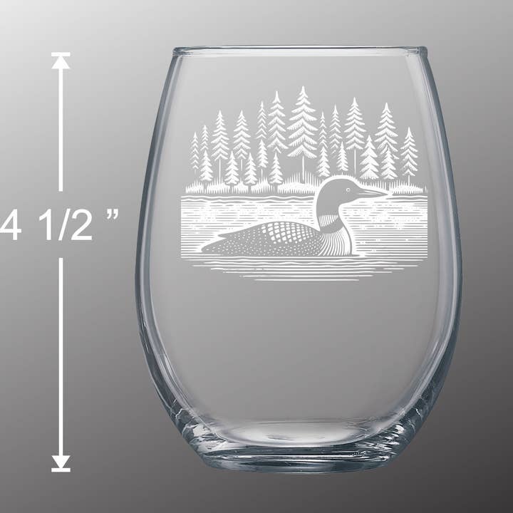 Loon on a Lake - 15 oz Stemless Wine Glass for wholesale by Adirondack Etching LLC