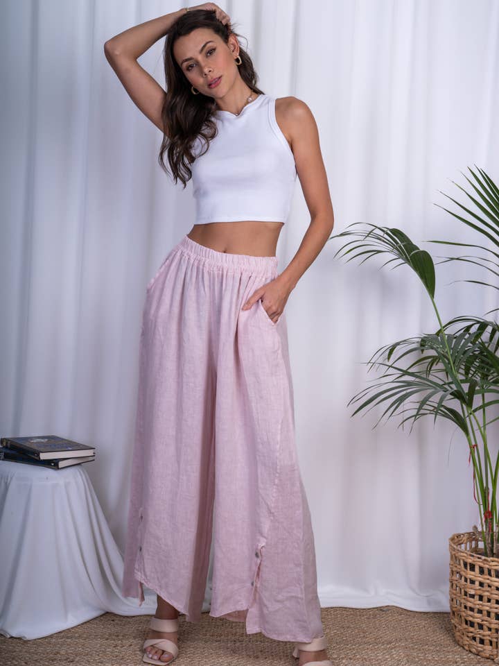 BLL-PT11739L linen buttoned wide leg pants for wholesale by ORNELLA PARIS