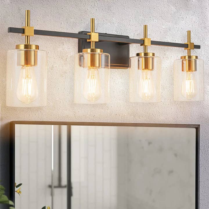 Jasper Black &Gold Clear Glass 4-Light Bathroom Vanity Light for wholesale by Brio Lighting