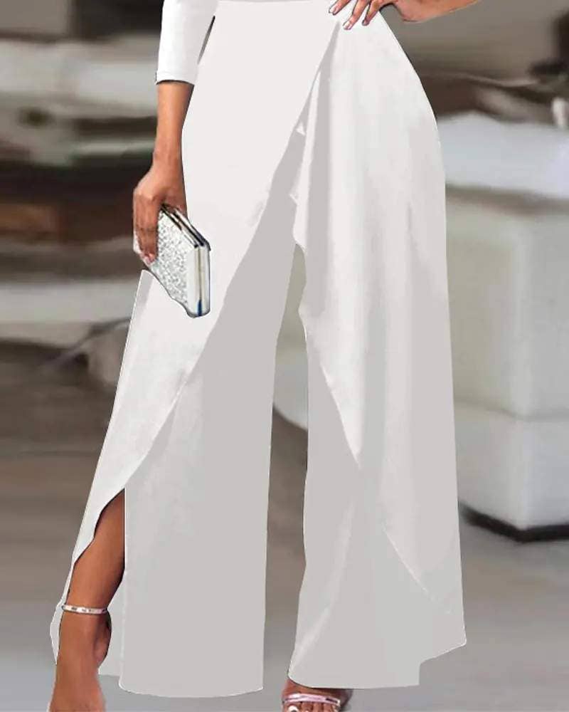 Queen Fashion - Wholesale Jumpsuit - Women's - ruched cold shoulder split hem wide leg jumpsuit2