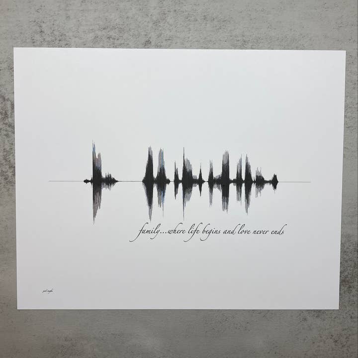 Familj Där Livet Börjar Ljudvåg Väggkonst Tryck 20x25cm för wholesale av The Soundwave Booth