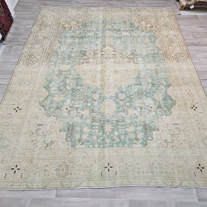 Large Vintage Oushak Rug: 10x12 Beige and Sage Green Wool Area Rug for wholesale by MesopotamiaRugs