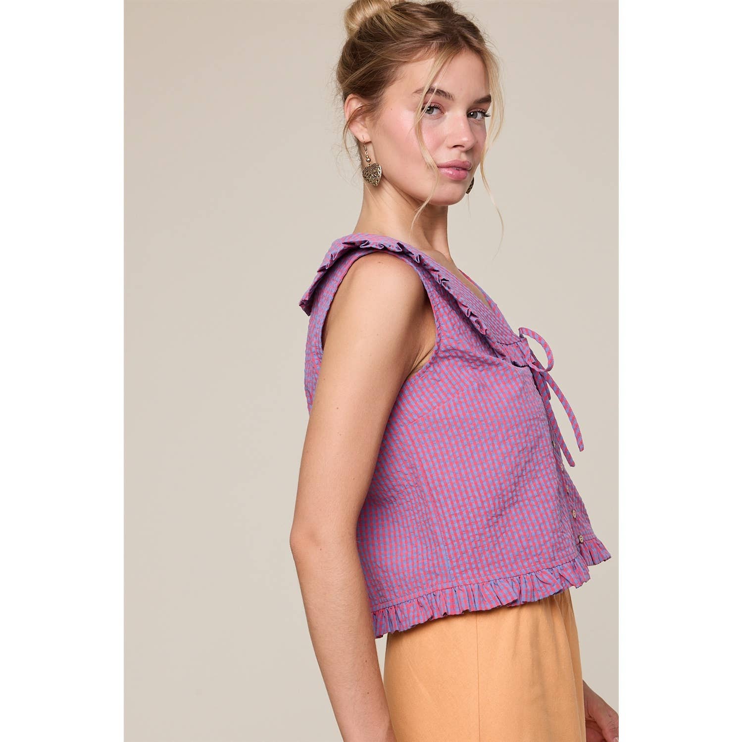 Wishlist Apparel - Wholesale Blouse - Women's - RUFFLED COLLAR PLAID BLOUSE / WL25-116322