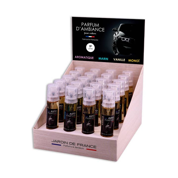 Présentoir VOITURE 32 Spray ambiance voiture 30 ml + 4 teste pour la vente par Parfumerie Jardin De France