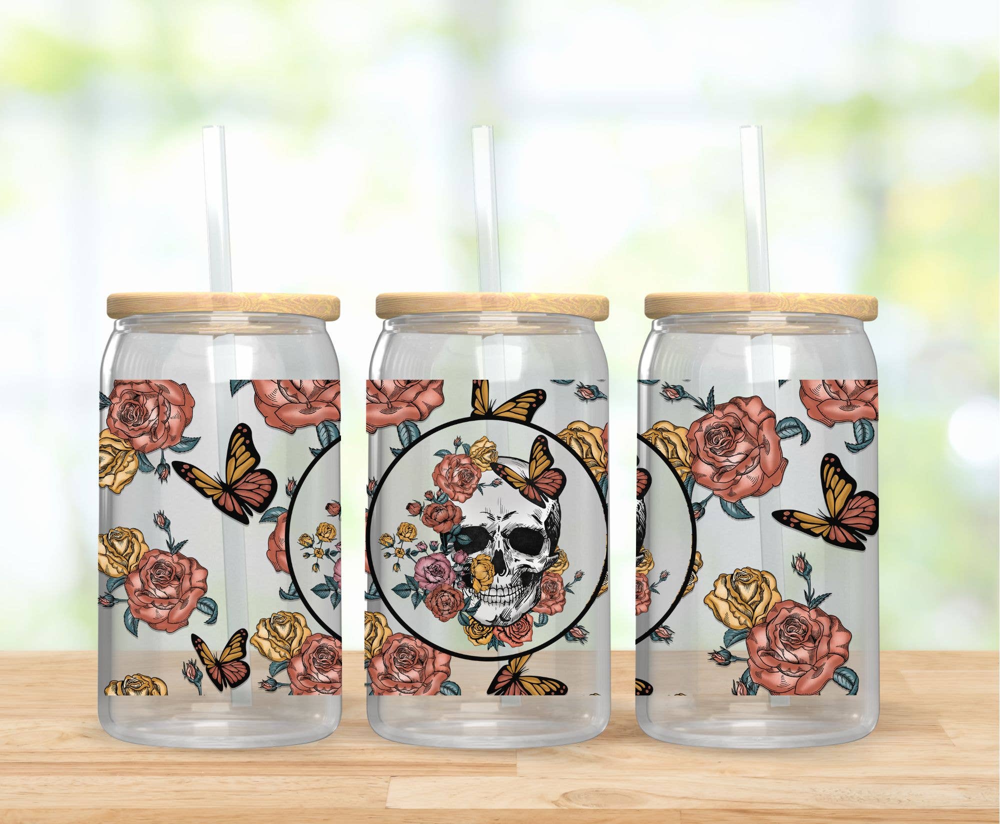Emma and G Designs - Wholesale Drinking Glass/Cup - Skull Floral Can Clear Glass | GLASS ONLY3