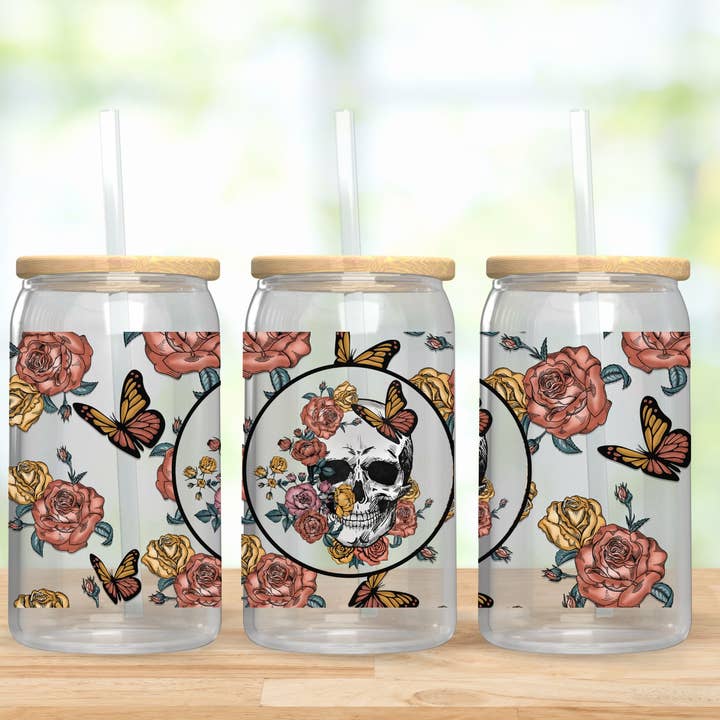 Emma and G Designs - Wholesale Drinking Glass/Cup - Skull Floral Can Clear Glass | GLASS ONLY3