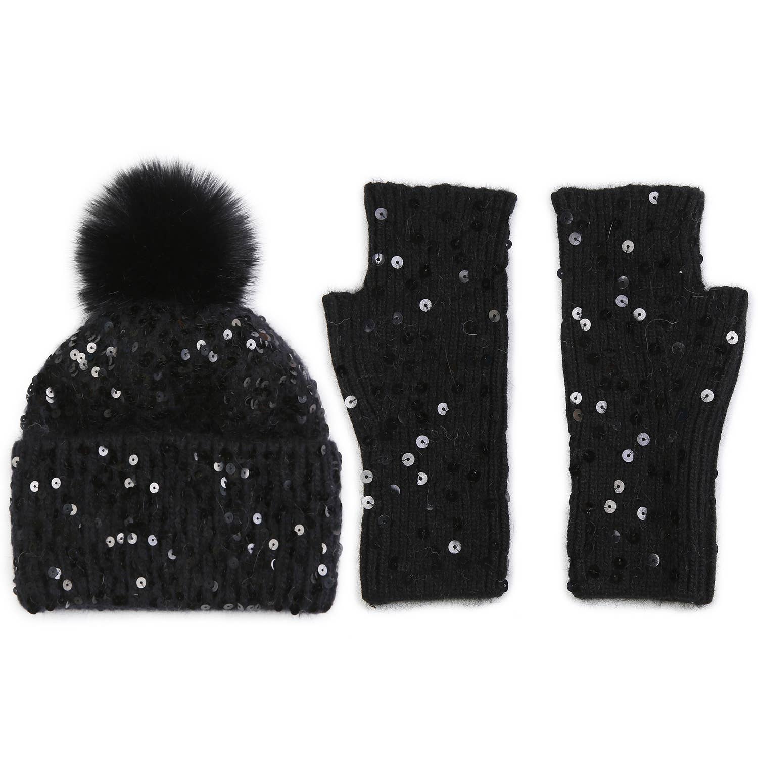 PEACH ACCESSORIES – wholesale Winter accessory set – women's – Sequins Pompom Hat and Gloves Set SD117-12