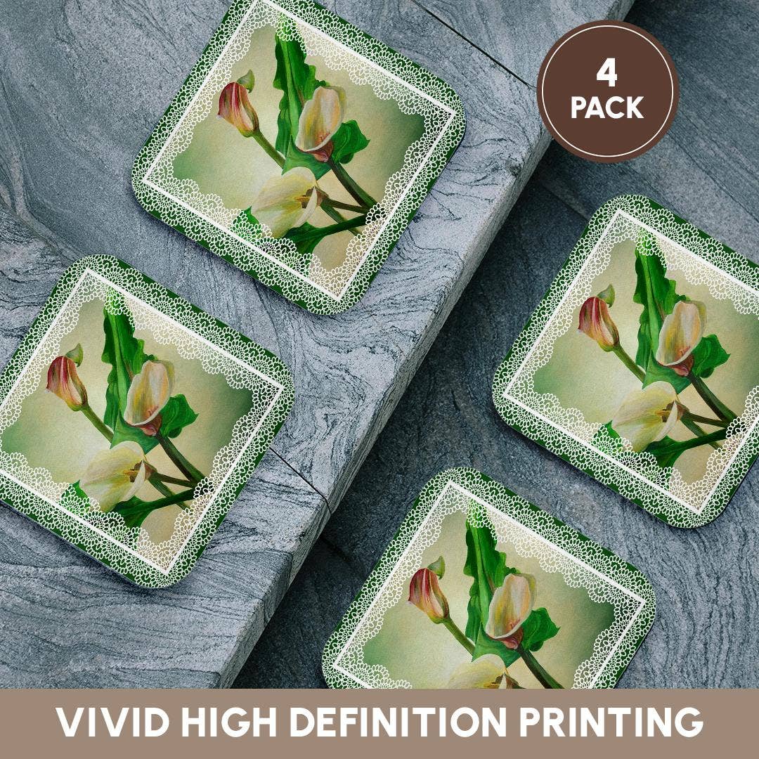 3dRose - Wholesale Coasters - 3dRose, Three calla lilies painted against green background bordered in lace, Coaster12