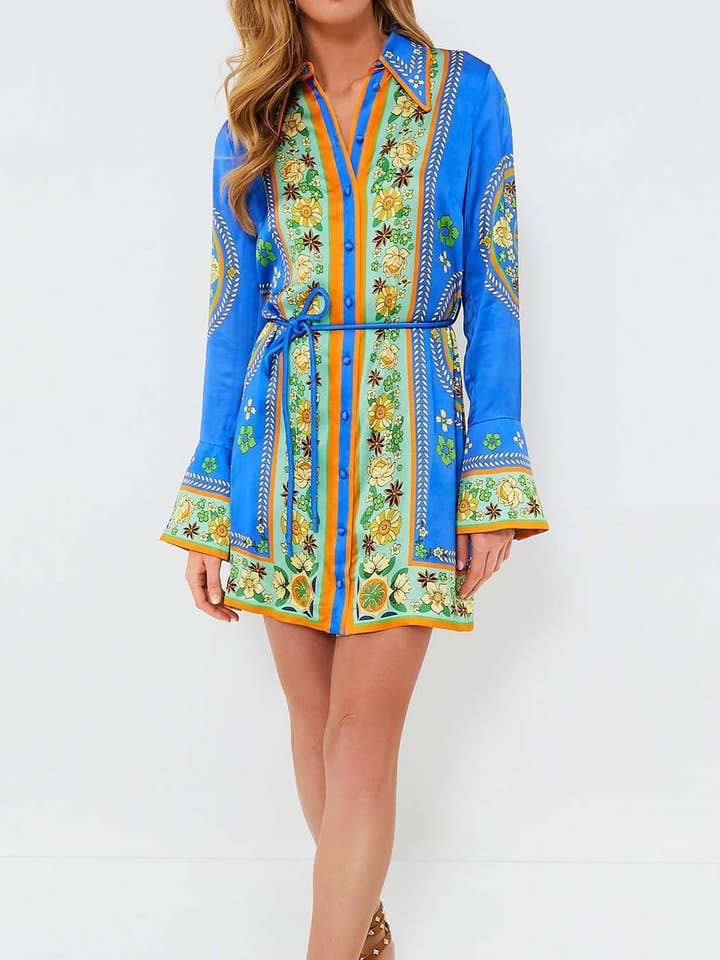 Blue Exquisite Boho Floral Flared Sleeve Belted Shirt Dress for wholesale on Faire