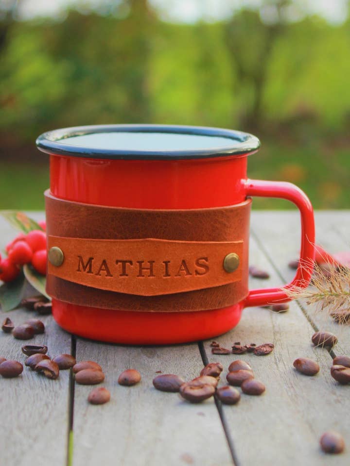 personalized enamel mug, 12oz cup for wholesale by Sweet Leather Gitfs