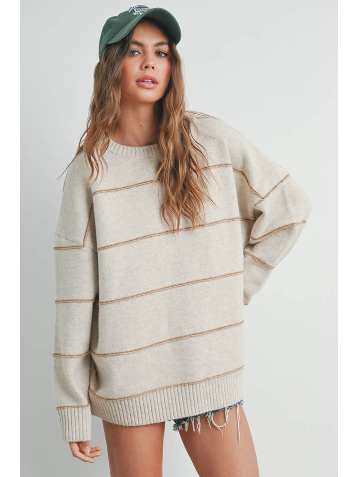 BUTTERMELON - Wholesale Knit Sweater - Women's - Striped Pattern Drop Shoulder Sweater - BMW7421