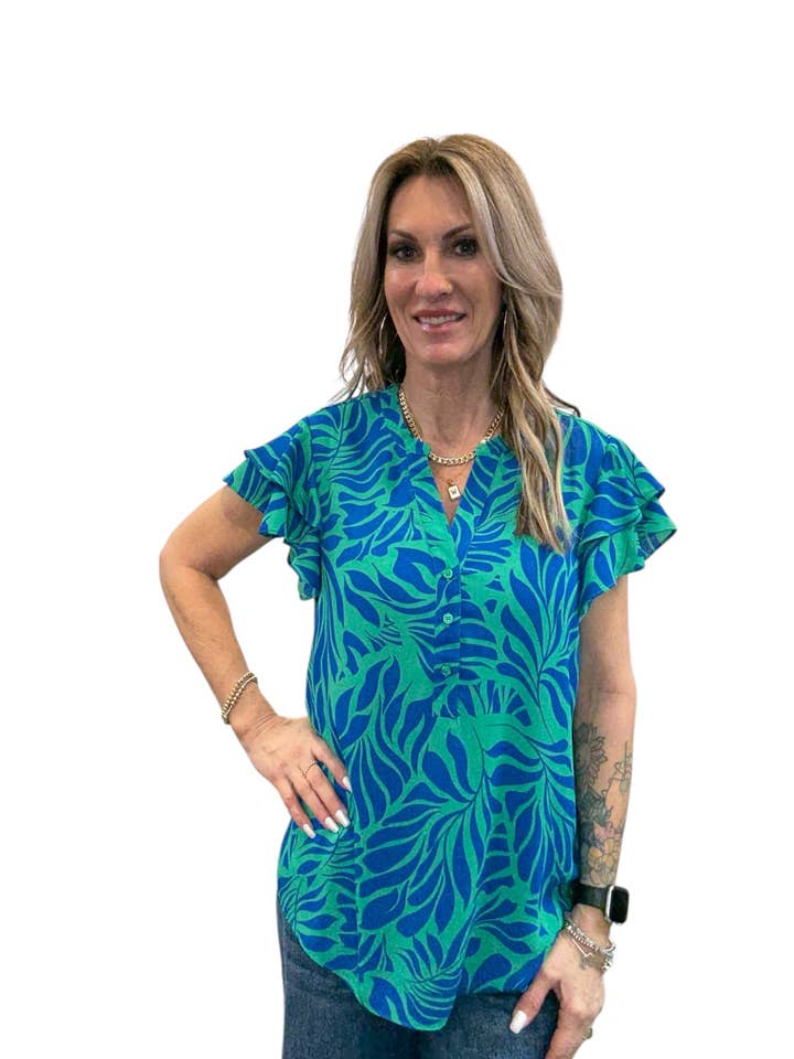 ST815OW11-6-S - Simply Green Blues - Double Ruffle Short Sleeve Blouse A3875 for wholesale by K & C Clothing, Inc.